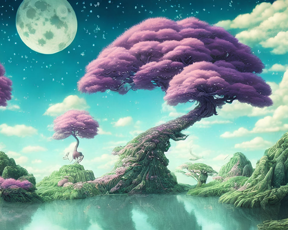 Whimsical landscape with twisted tree, purple foliage, serene lake