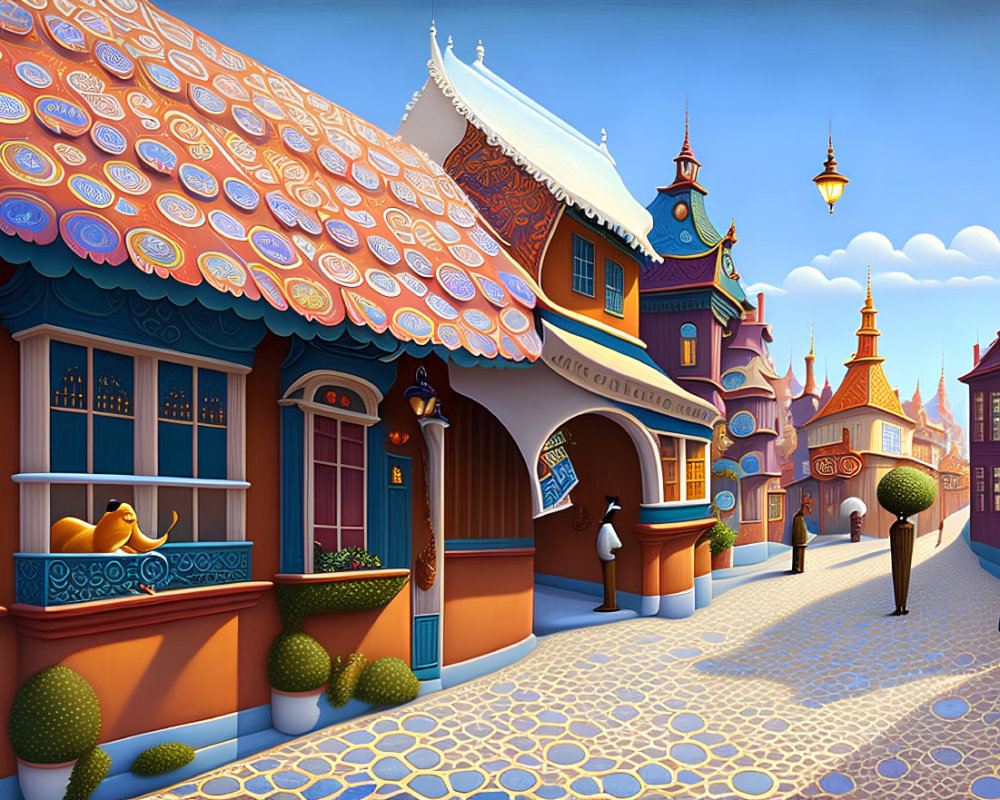 Colorful, ornate buildings on vibrant cobblestone street with enchanted characters