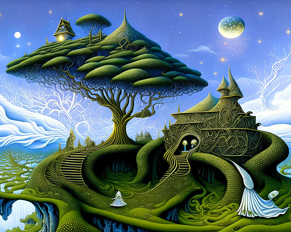 Stylized trees, intricate house, river under starry sky