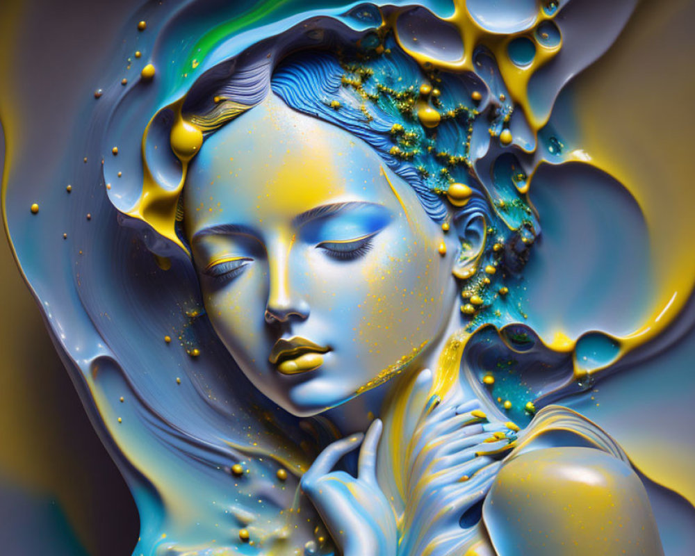 Blue-skinned female figure with gold accents and fluid hair in surreal portrait.