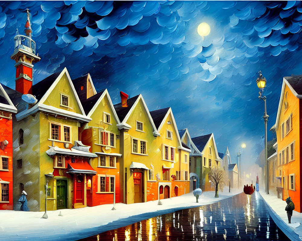 Snowy Street with Colorful Houses and Full Moon Night Sky