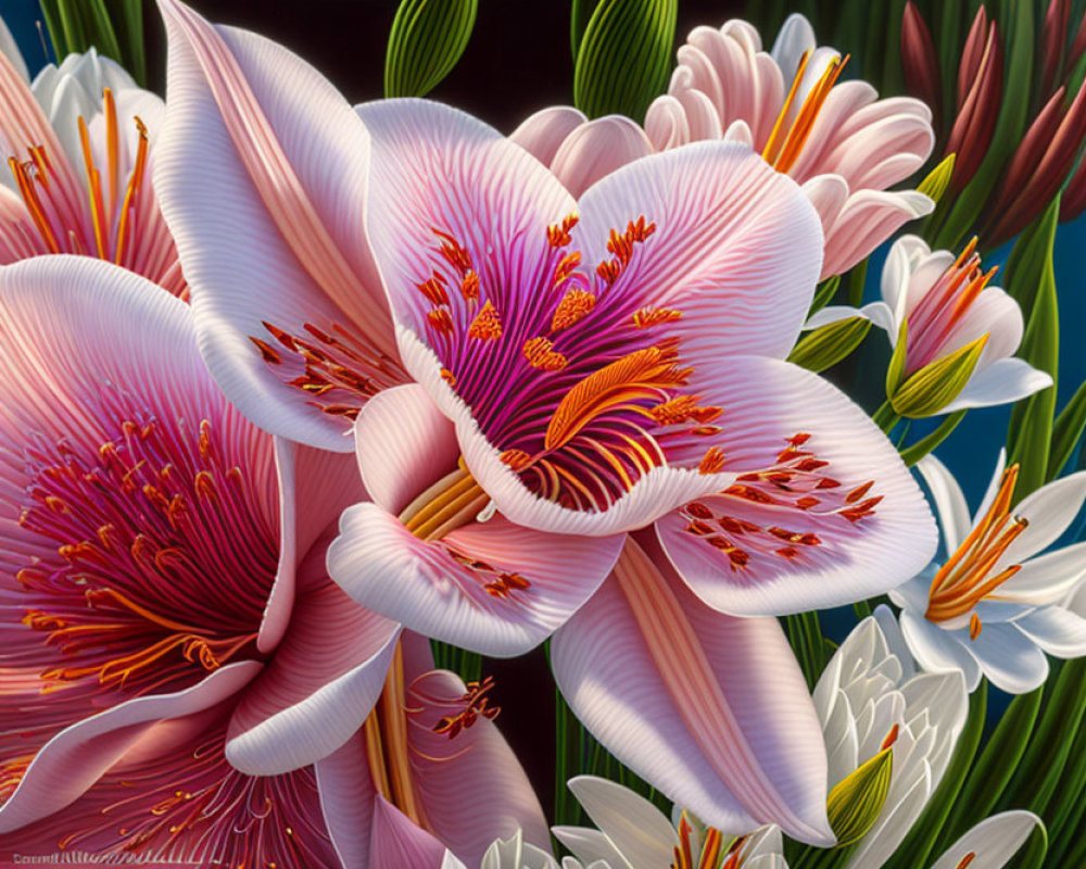 Detailed Pink and White Blooming Flowers on Dark Background