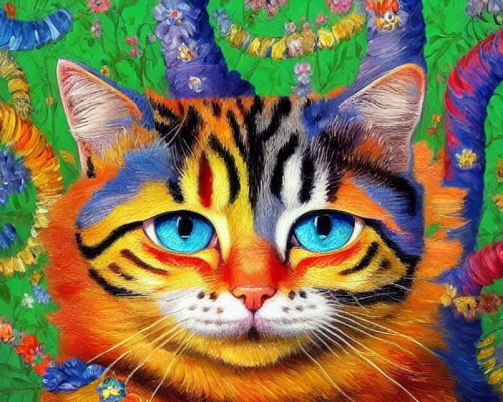Colorful Cat Painting with Blue Eyes and Floral Background