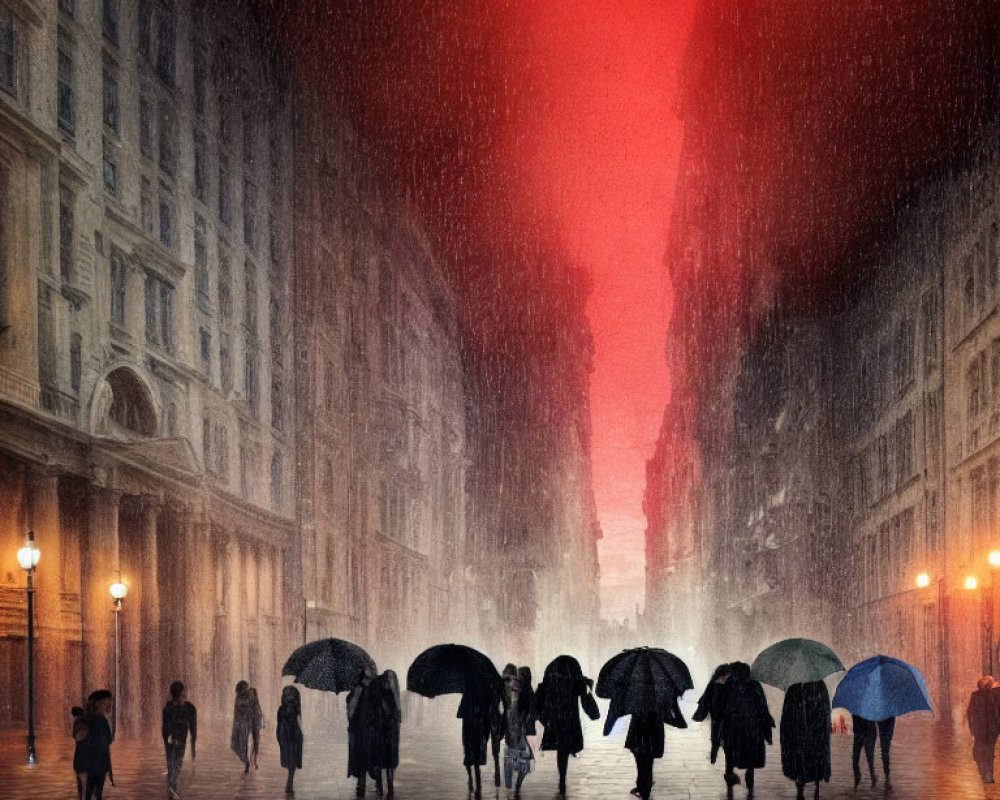 Rainy street scene with classic buildings and people under red sky
