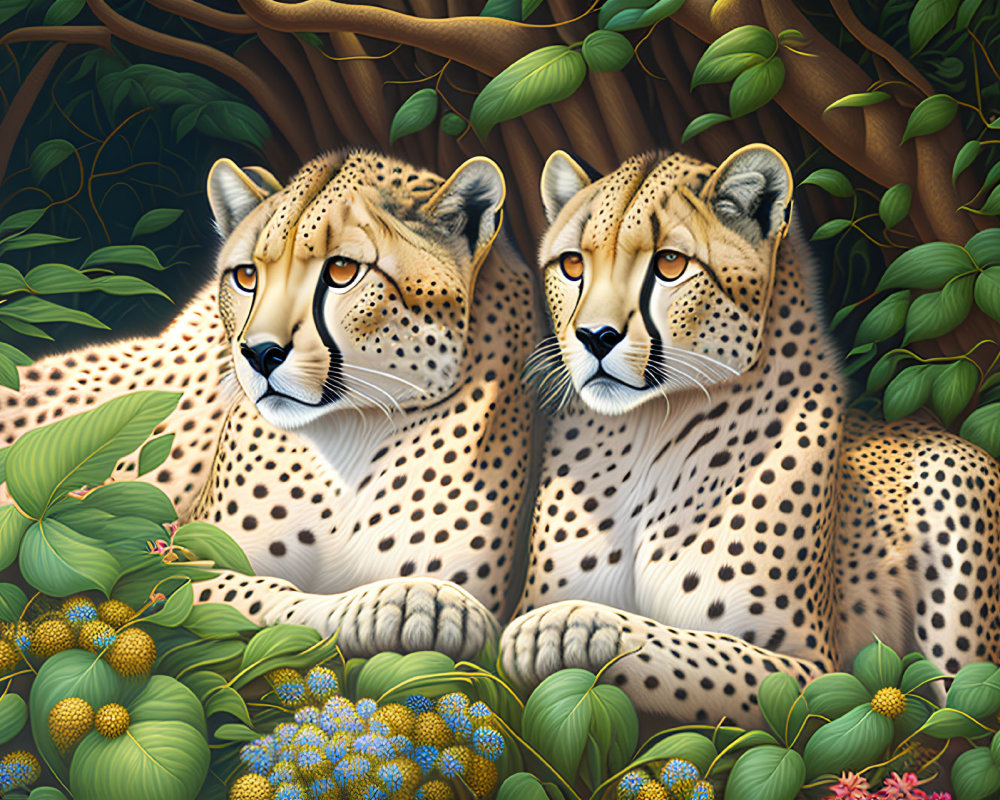 Two Cheetahs Resting in Lush Foliage with Blue and Yellow Flowers