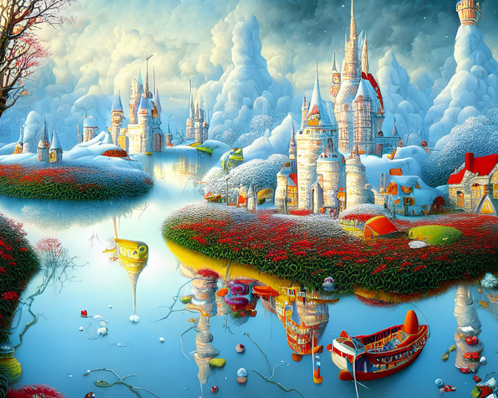 Snow-covered castles and colorful flora in vibrant fantasy landscape