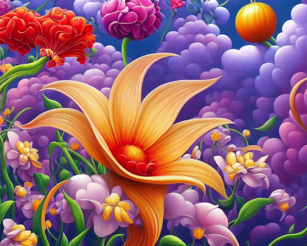 Colorful painting with orange flower, yellow flowers, purple clouds, and flora
