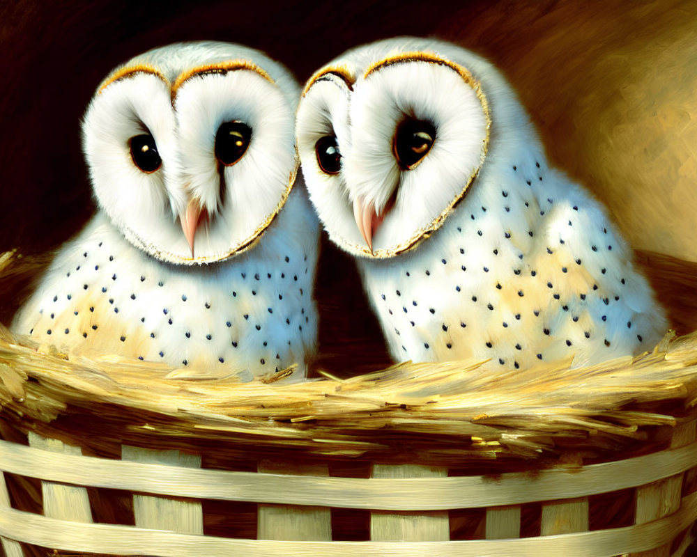 Stylized snowy owls with captivating eyes in a woven basket