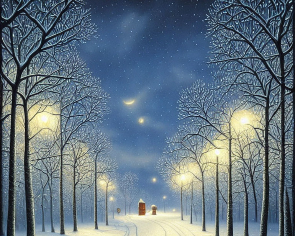 Snow-covered trees, path to cottage, glowing streetlights under starry sky