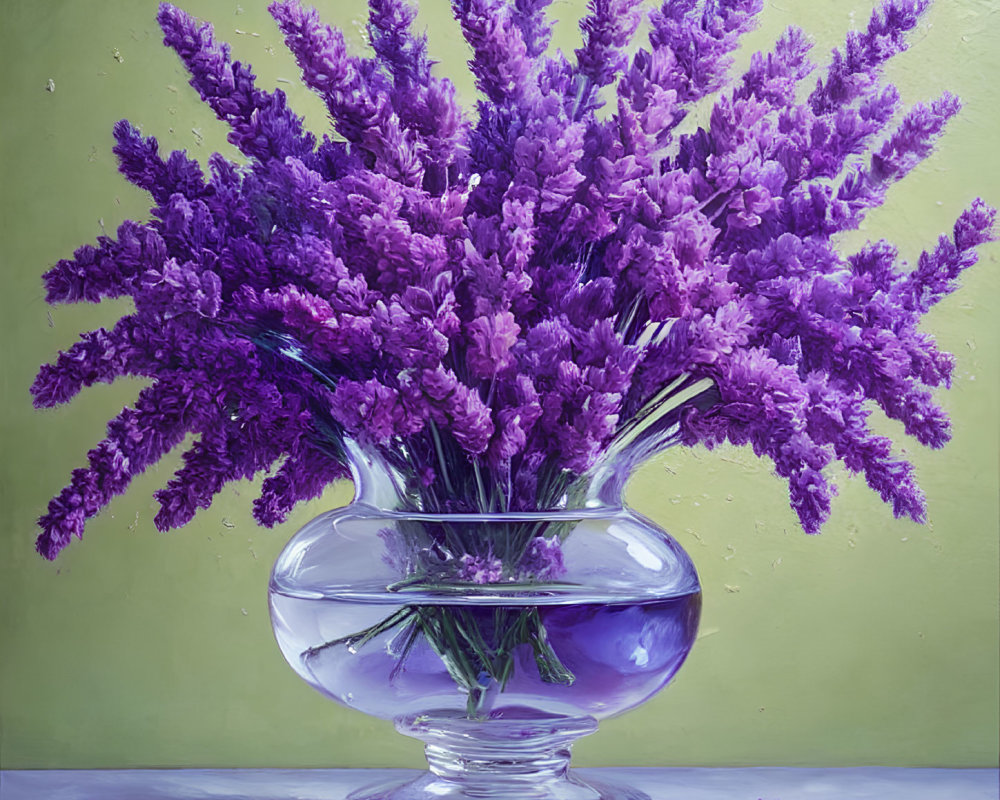 Purple Lavender Flowers in Clear Glass Vase on Green Background
