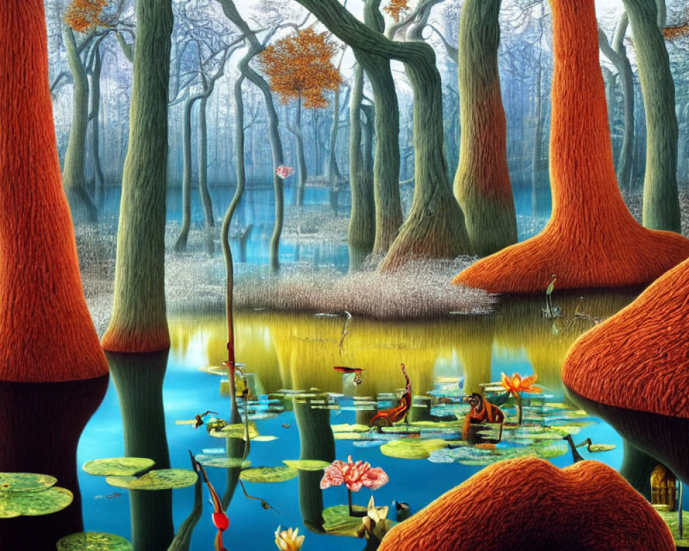 Serene forest scene with red-trunked trees, blue lake, water lilies, and frogs