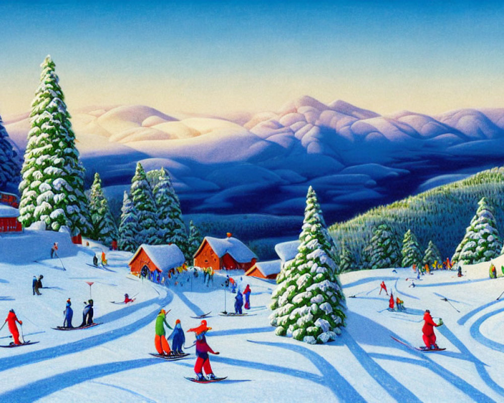 Snowy slopes with skiers, pine trees, chalets, and hills in winter landscape