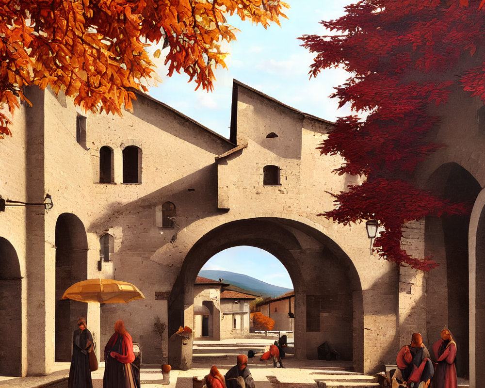 Medieval-themed autumn scene with people under red trees and stone buildings