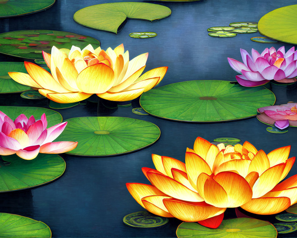 Colorful Lotus Flowers in Bloom on Tranquil Pond with Lily Pads