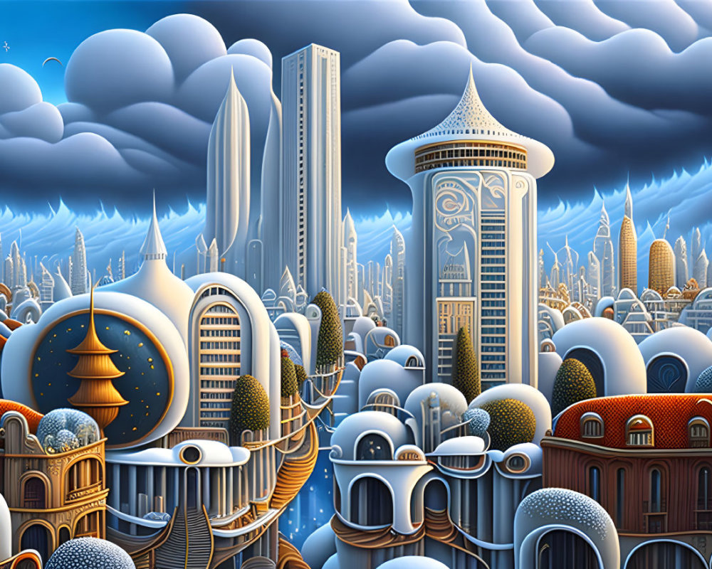 Futuristic and classical cityscape with ornate buildings under cloudy sky