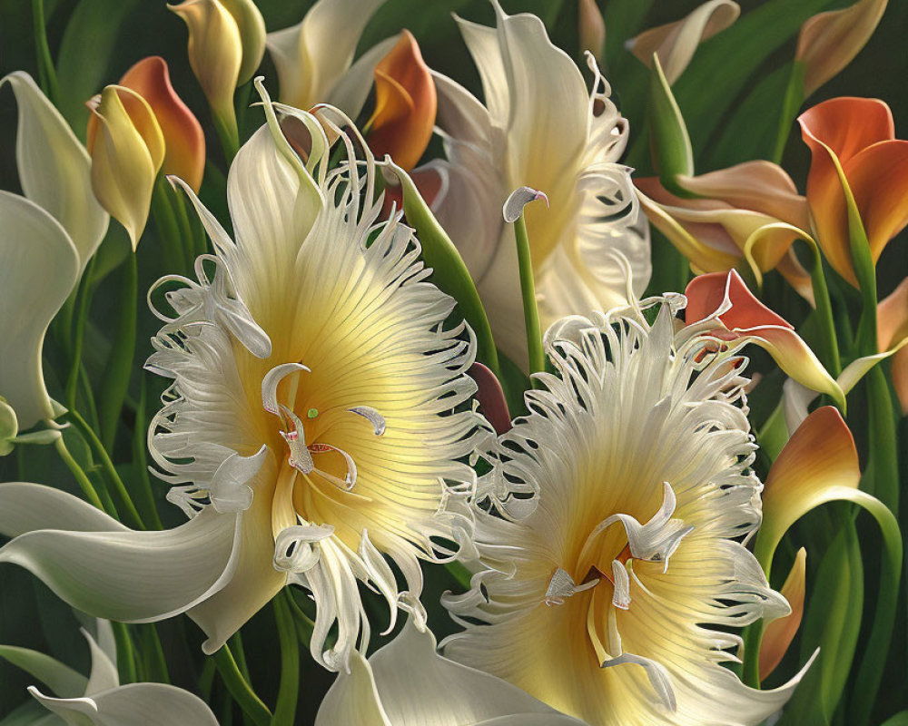 Close-up of white and yellow frilled tulips with orange calla lilies and green foliage