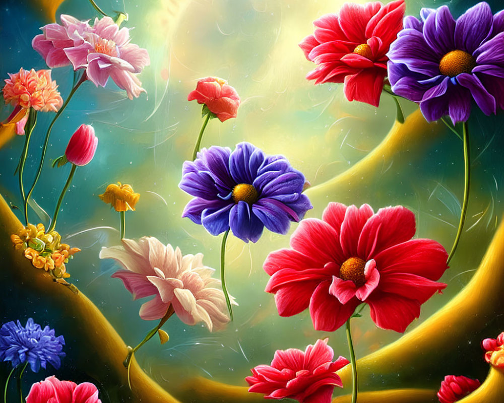 Colorful digital artwork featuring assorted flowers in red, pink, purple, and yellow hues against a whims