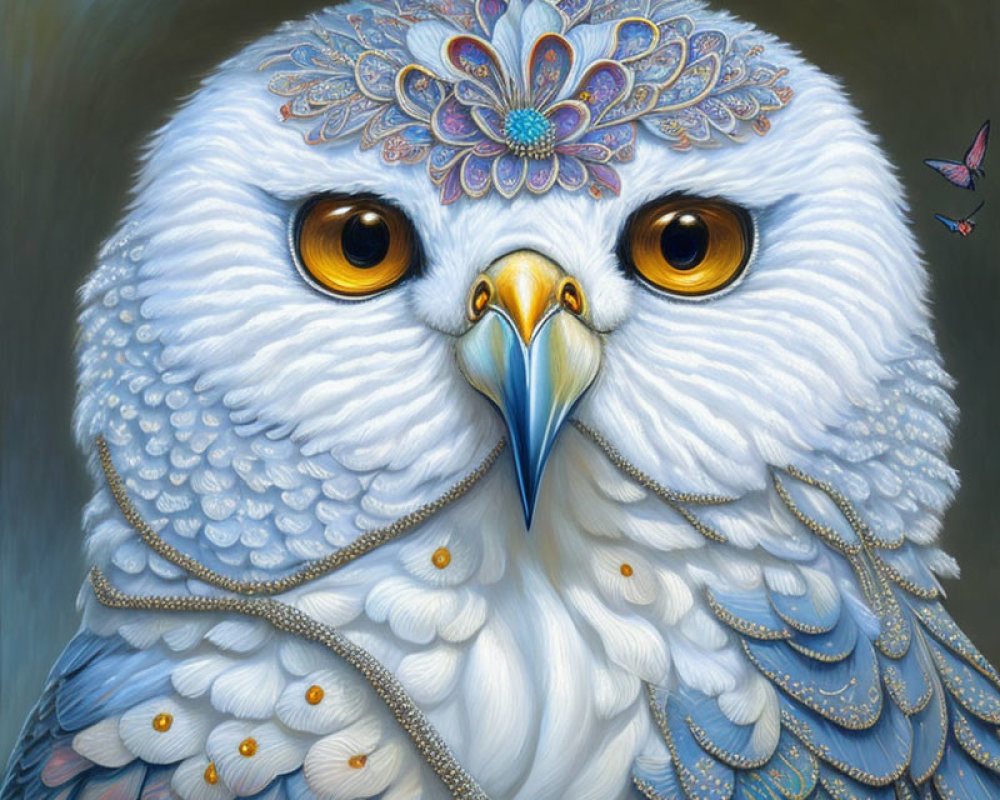 Detailed White Owl Illustration with Blue Patterns, Jewelry, Amber Eyes, and Butterfly