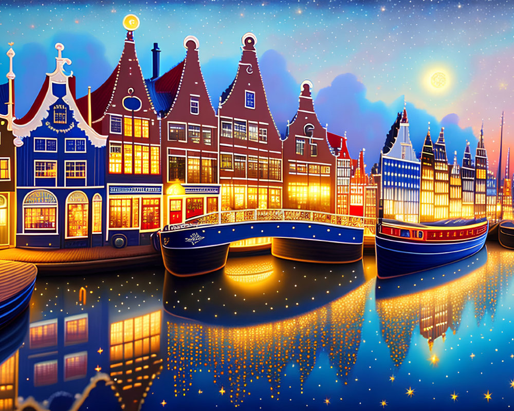 Vibrant Amsterdam canal houses and boats at night with starlit sky and water reflections