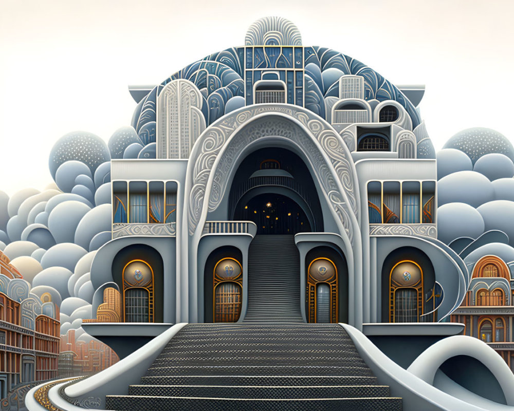 Detailed Art Deco-style building illustration with cloud-like patterns in a stylized landscape