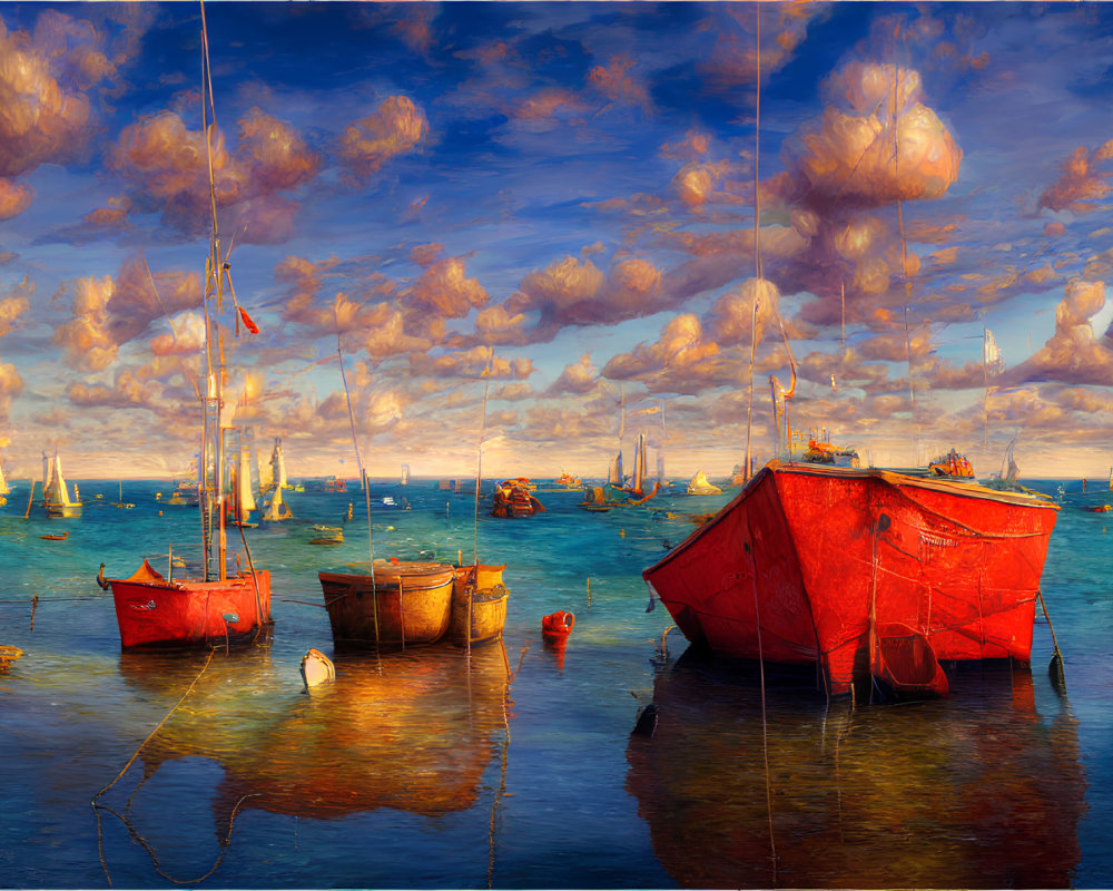 Red boats on calm waters with fluffy clouds at sunset