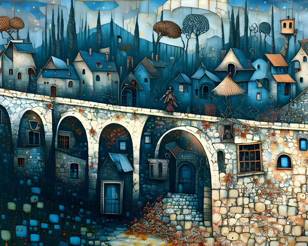 Whimsical surreal town with blue tones, stylized houses, archways, and fantastical foliage