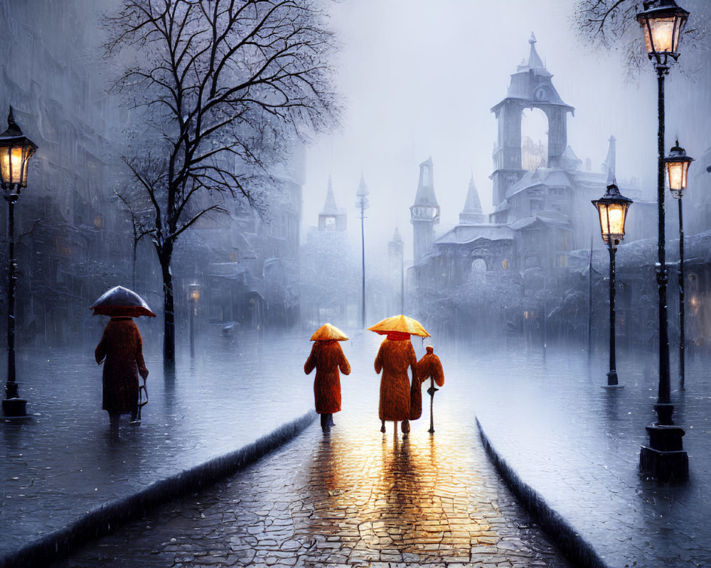 Three People Walking with Umbrellas on Rainy Cobblestone Street