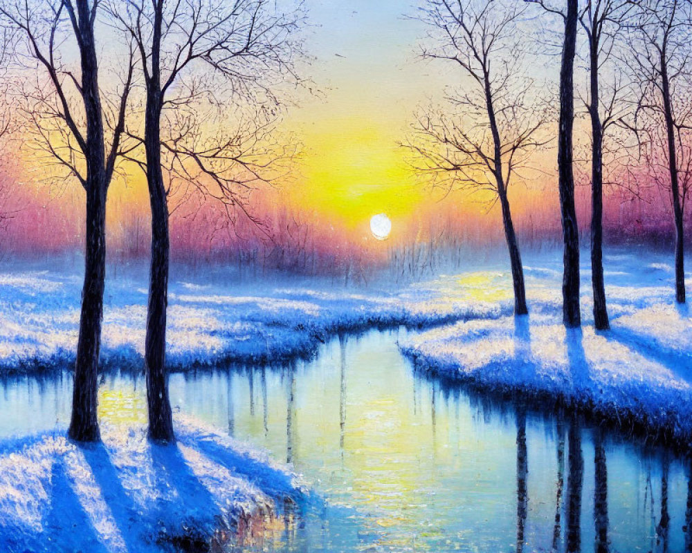 Winter sunset painting with bare trees and icy river in vibrant colors