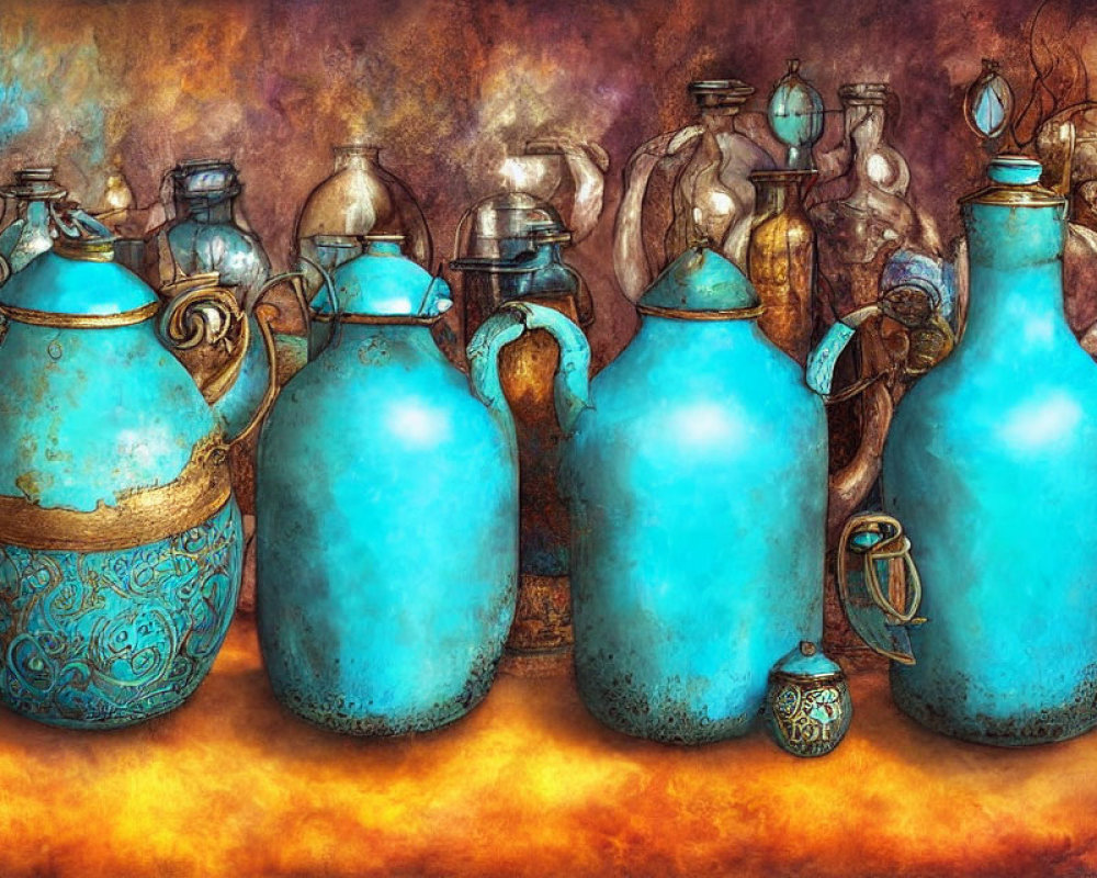Vintage pitchers and bottles with intricate designs on a warm, textured background