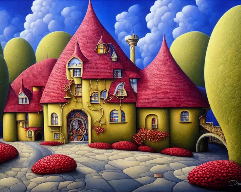 Colorful illustration of whimsical house with red roofs, round doors, and yellow walls under blue skies