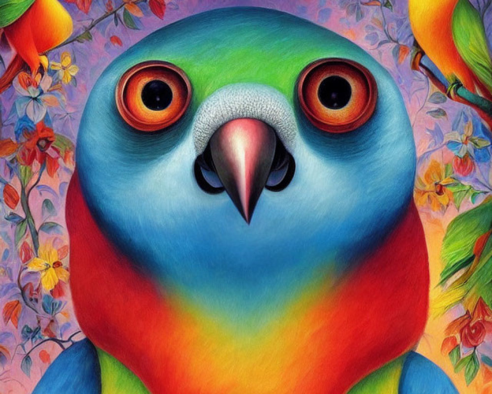 Colorful Parrot Illustration with Rich Flora Background