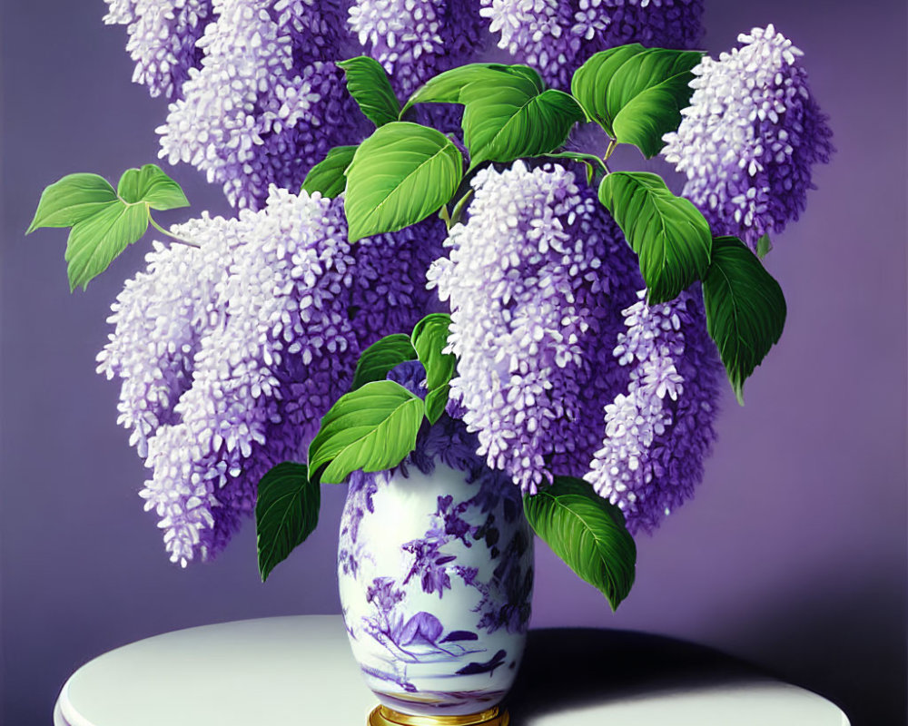 Purple lilacs bouquet in white vase on white table against purple background