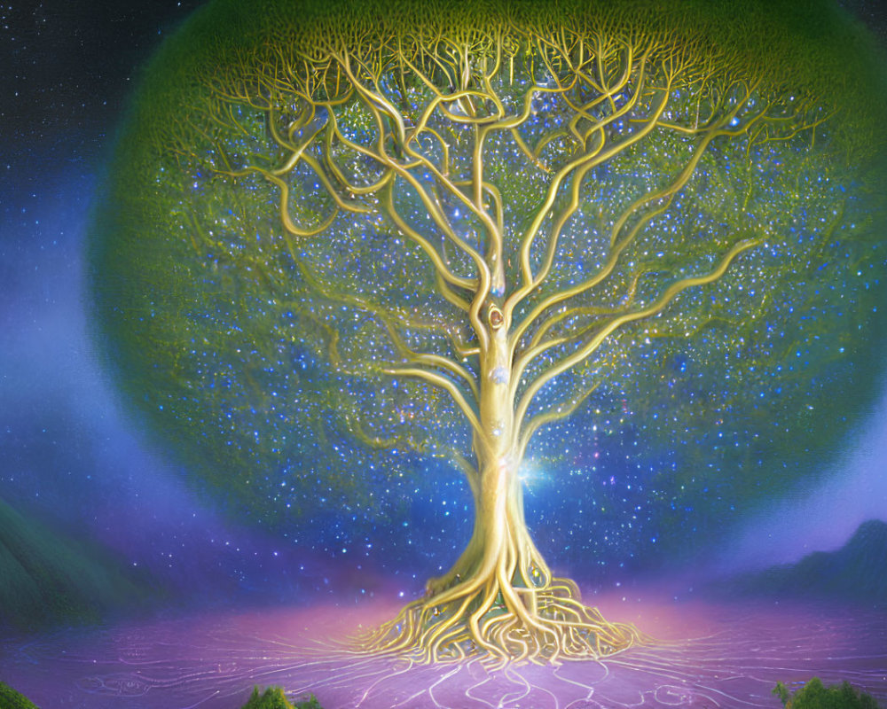 Majestic tree illuminated by golden light in starry sky with green aurora bubble