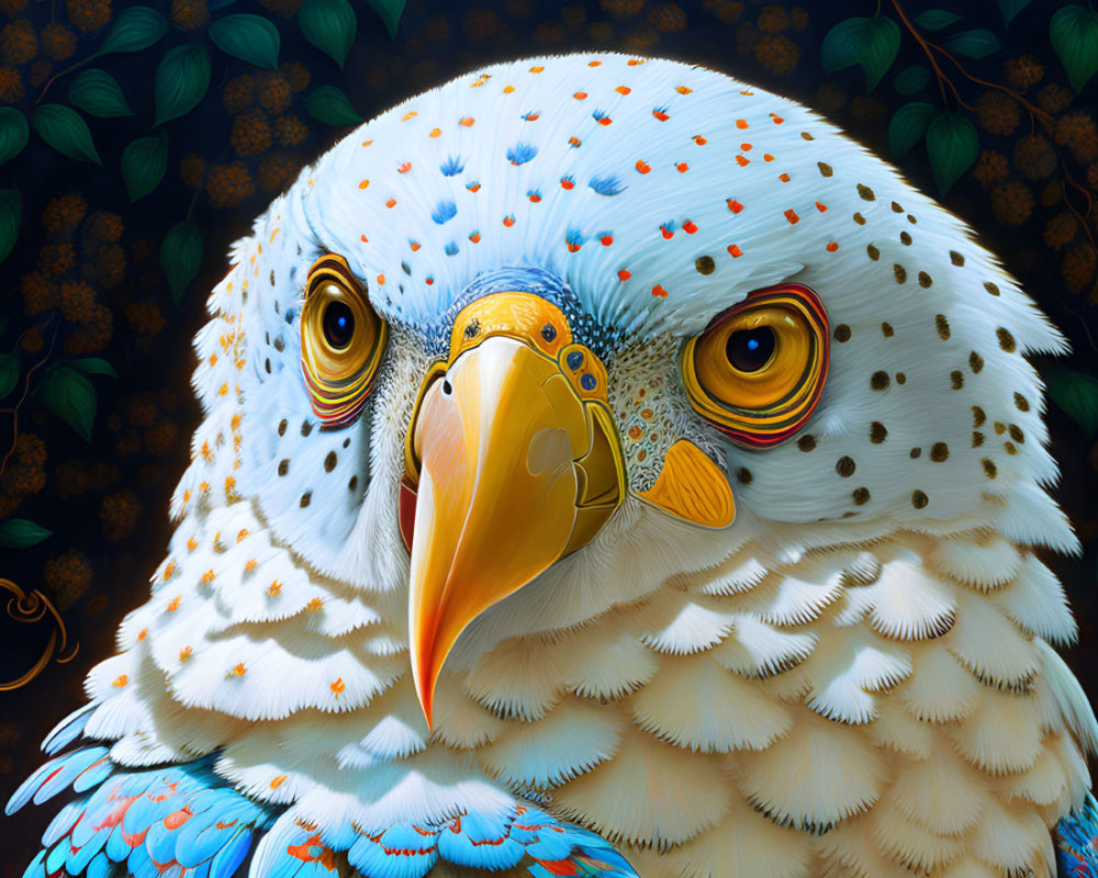 Detailed White Eagle Illustration with Blue Patterns on Feathers