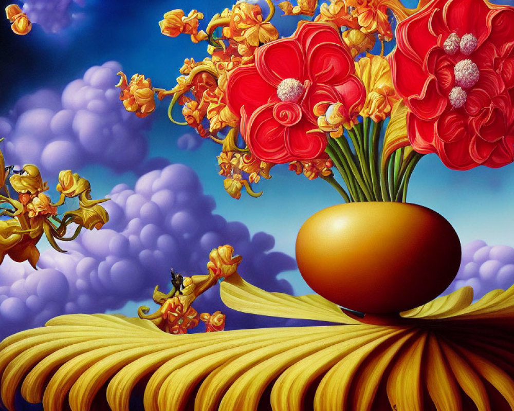 Colorful artwork: red flowers in golden vase on yellow fabric with whimsical cloud characters