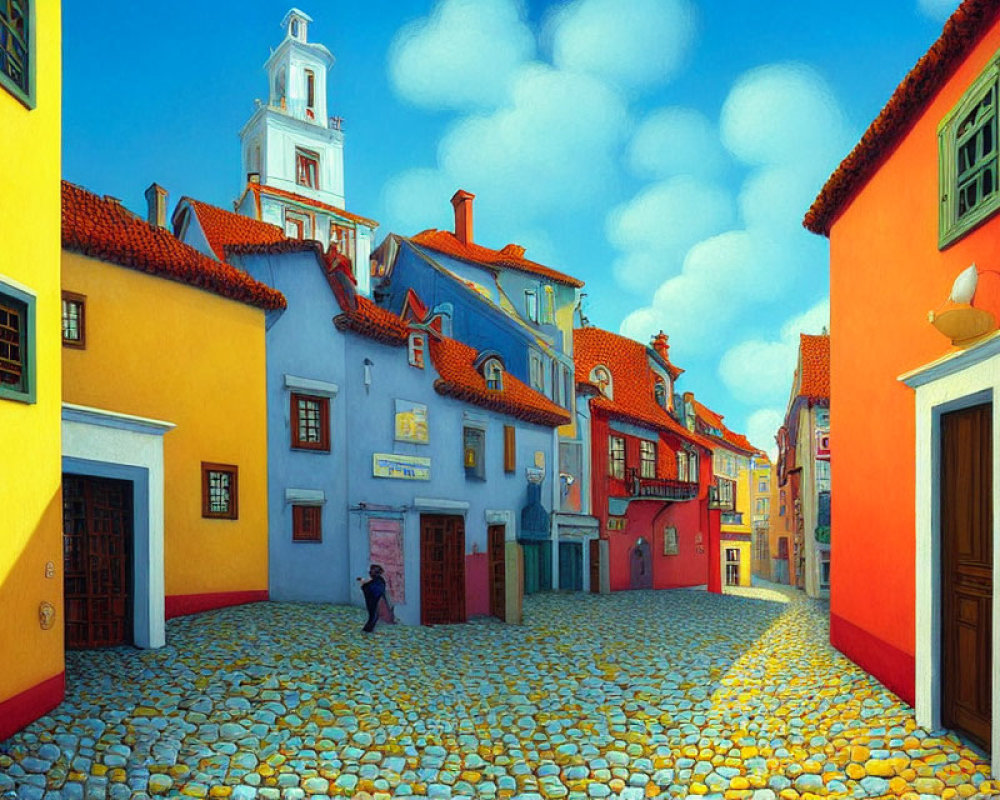 Colorful street scene with cobblestone pavement and figure by yellow house