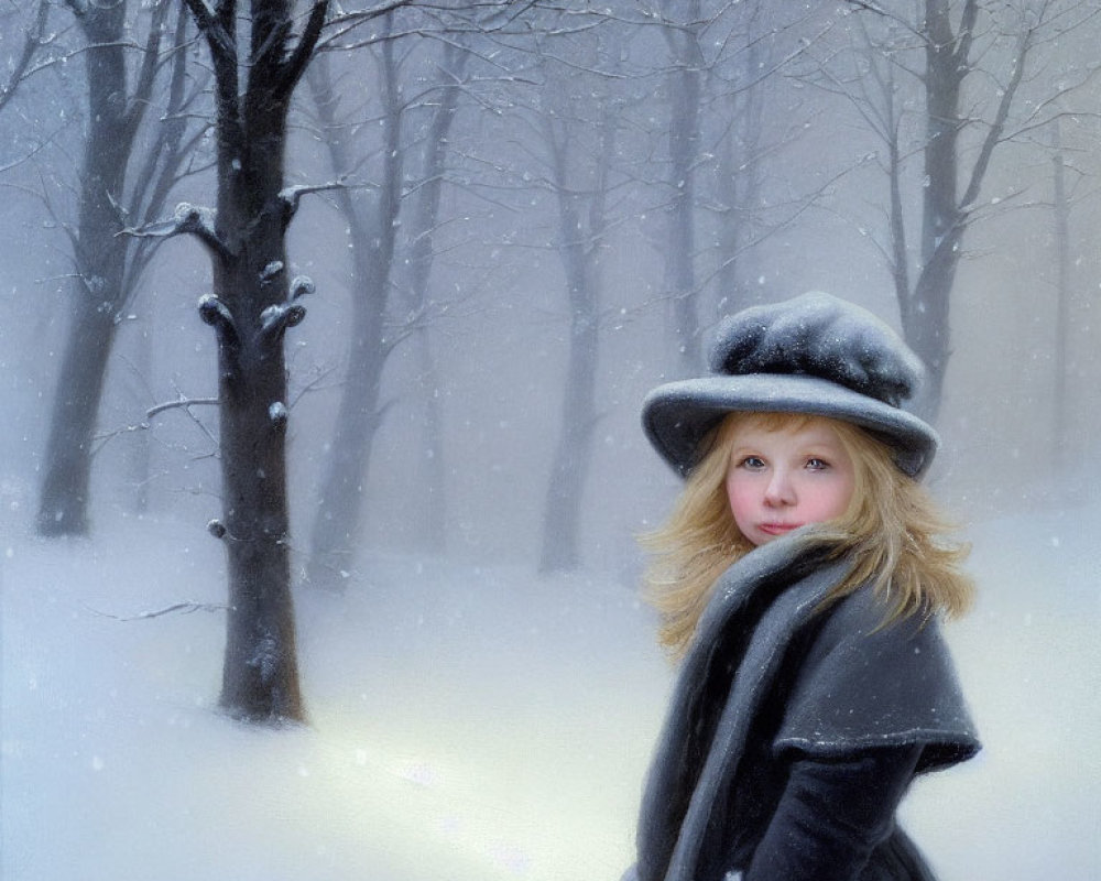Young girl in vintage black coat and hat in snowy forest landscape