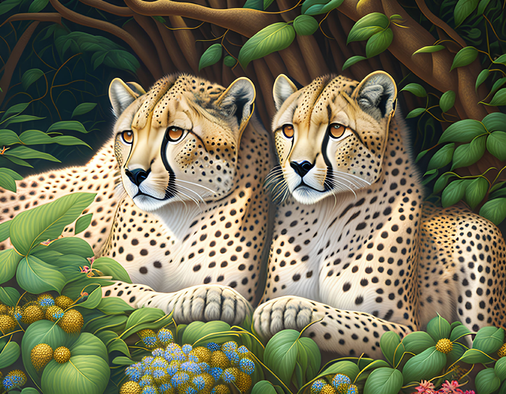 Two Cheetahs Resting in Lush Foliage with Blue and Yellow Flowers