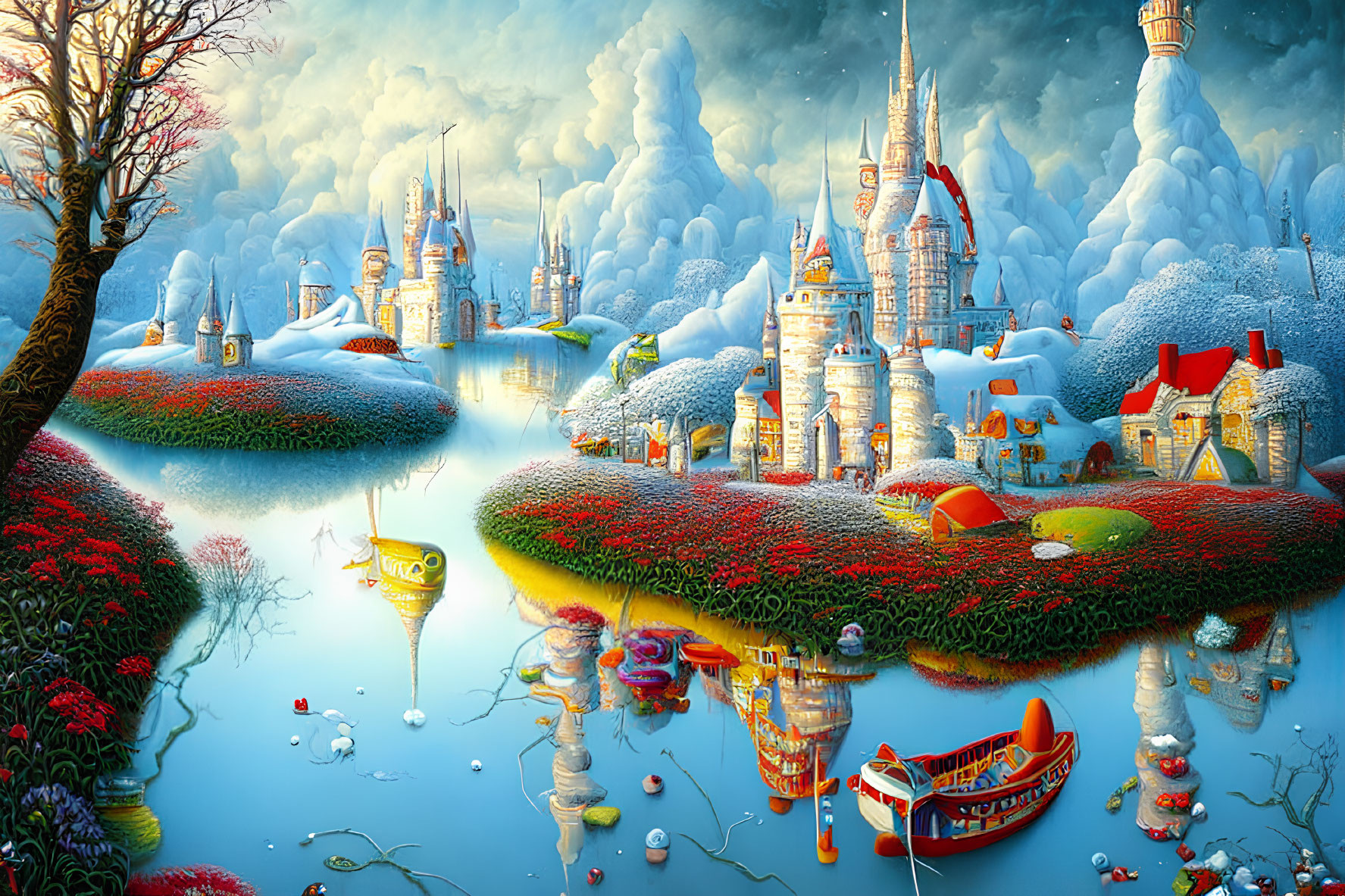 Snow-covered castles and colorful flora in vibrant fantasy landscape