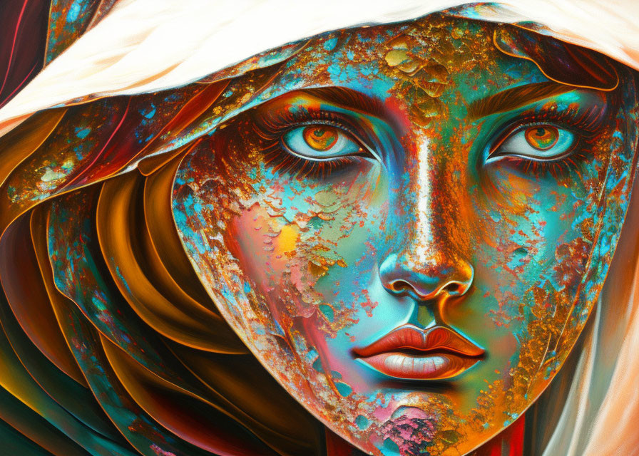 Colorful close-up portrait with rust-like texture and captivating eyes.