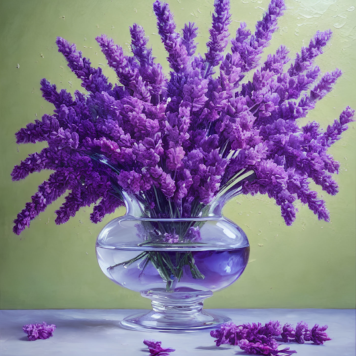 Purple Lavender Flowers in Clear Glass Vase on Green Background