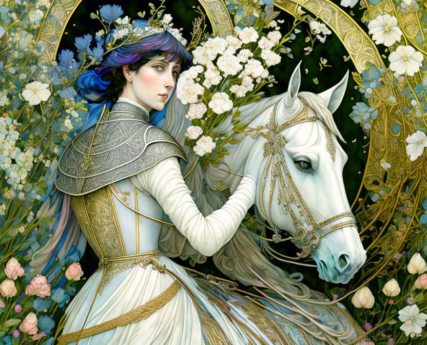 Medieval-style illustration of woman in ornate armor with white horse in floral backdrop.