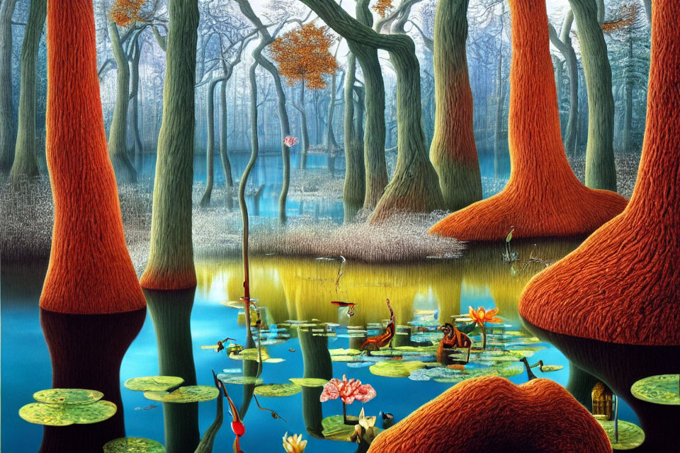 Serene forest scene with red-trunked trees, blue lake, water lilies, and frogs