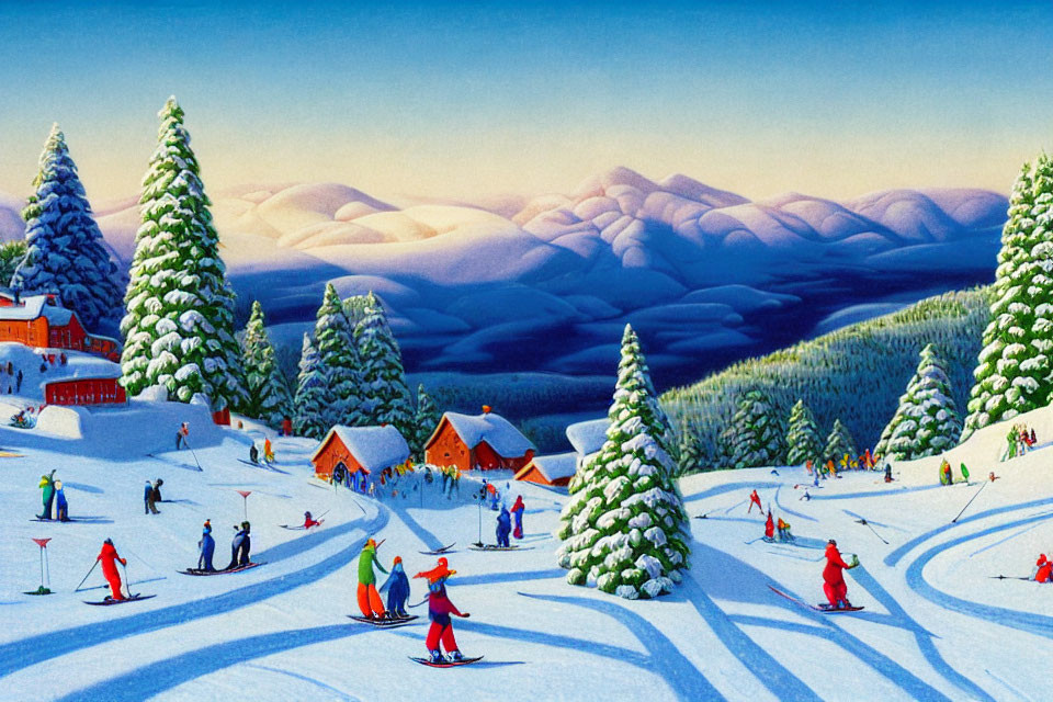 Snowy slopes with skiers, pine trees, chalets, and hills in winter landscape