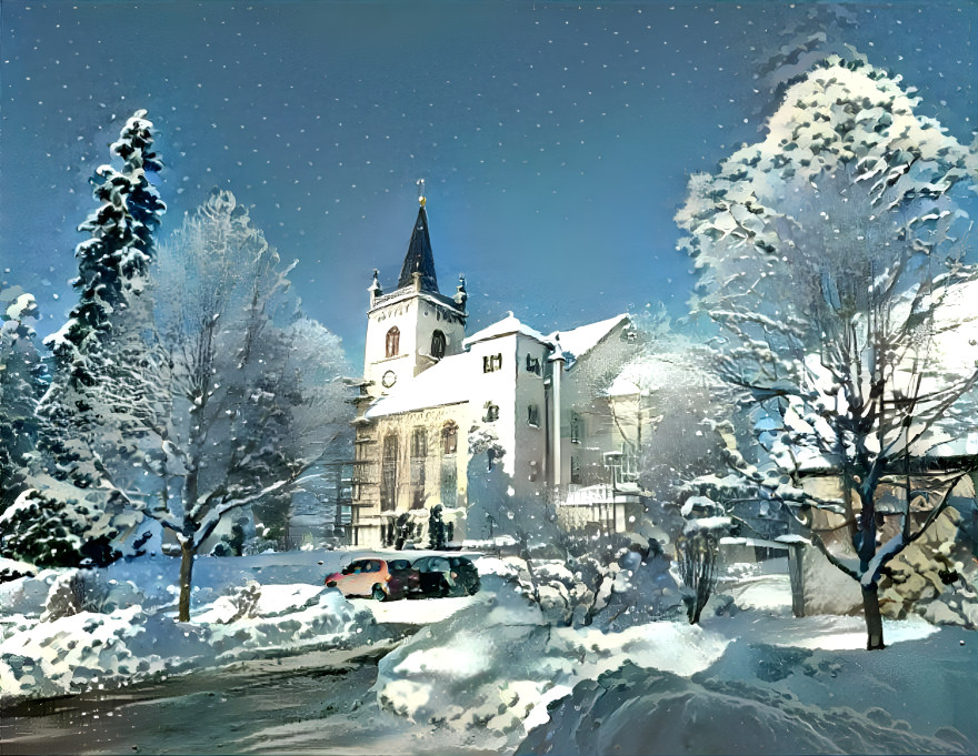 Kirche und Winterbäume