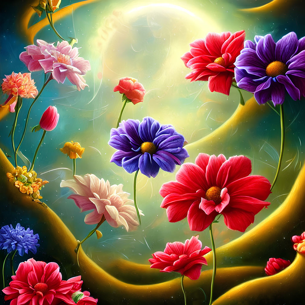 Colorful digital artwork featuring assorted flowers in red, pink, purple, and yellow hues against a whims