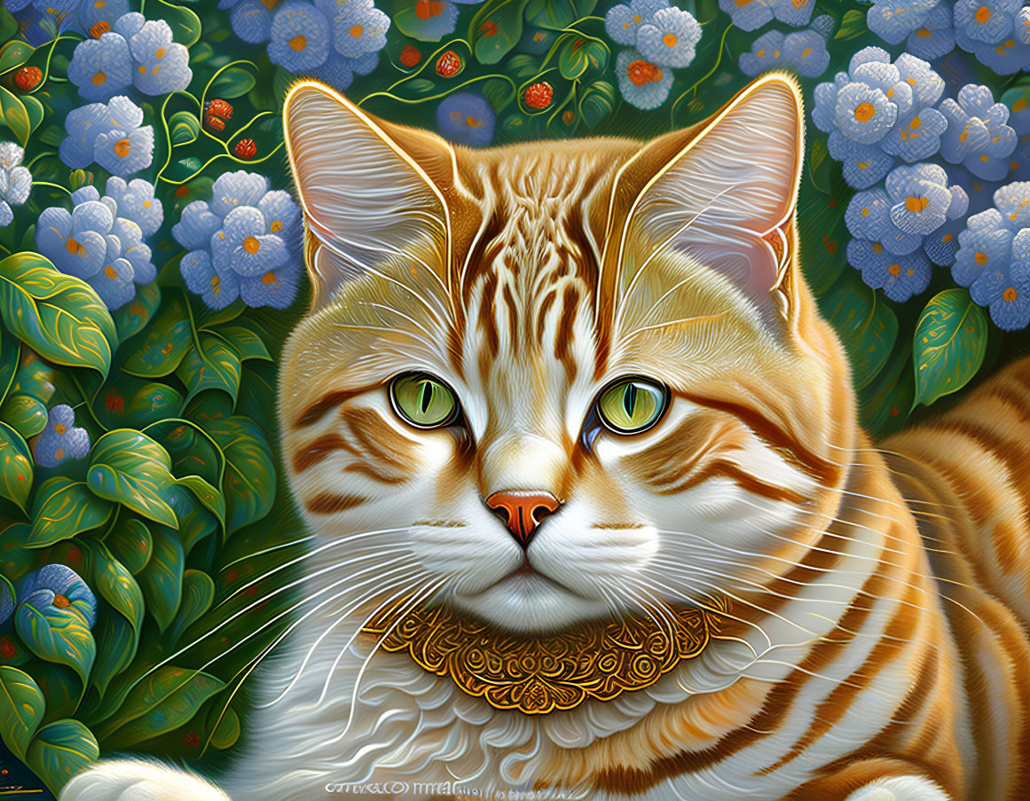 Detailed Illustration of Ginger Tabby Cat with Floral Background