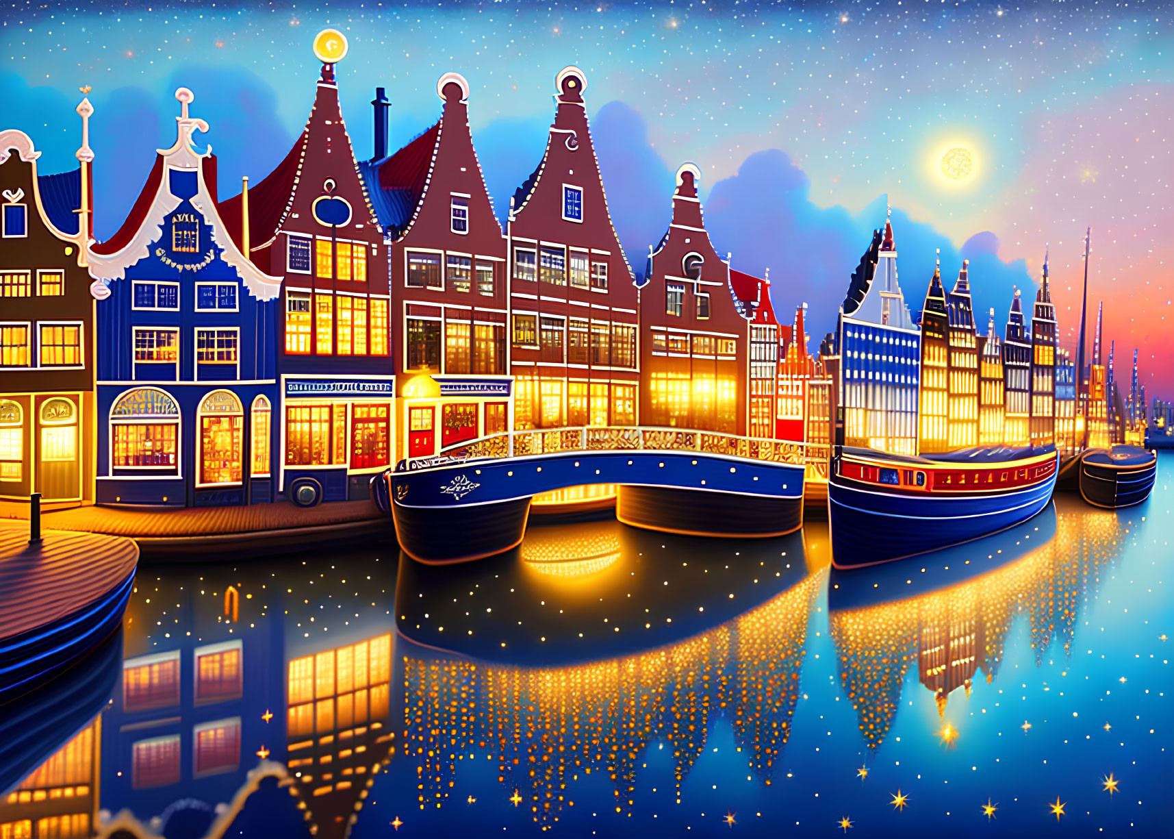 Vibrant Amsterdam canal houses and boats at night with starlit sky and water reflections