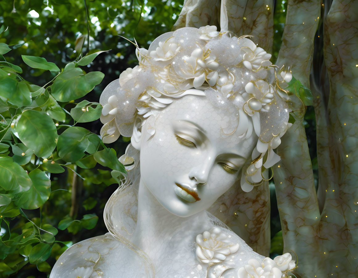 Porcelain sculpture of woman's head with floral headpiece and green leaves.