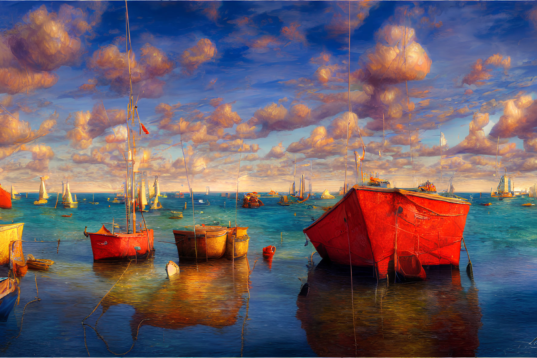 Red boats on calm waters with fluffy clouds at sunset